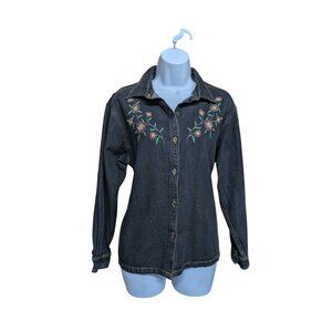 C.D. Petites Women's Black Denim button up Floral embroidered Shirt Size LP